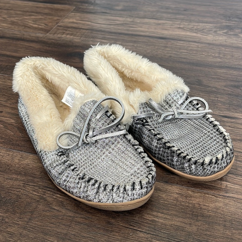J.Crew Silver Faux Fur Slippers